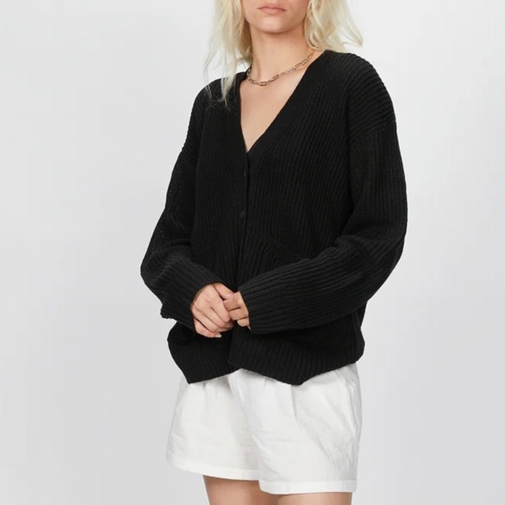 6397 Kurt Black Recycled Linen V Neck Knit Cardigan Oversized Minimalist Medium